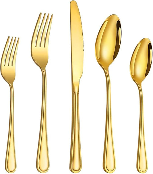 20 Pcs Gold Silverware Set for 4 with Simple Striped Handle Design, Food Grade Stainless Steel Flatware Set, Eating Utensils Sets Include Fork/Knife/Spoon, Cutlery Set, Dishwasher Safe
