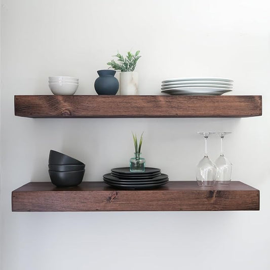 Modern Floating Shelves 3 Inches Thick for Wall, Wide Shelves for Kitchen, Living Room, Bedroom, and Bathroom, Natural Pine Wood, Rustic Wooden Shelf, (Set of 2) (Provincial, 48Lx3Hx6D)