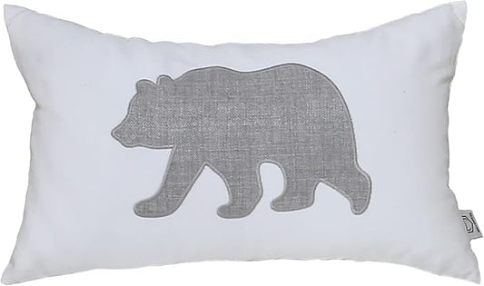 Bear Pillow Covers 12x20 Inches Decorative Cotton Linen Throw Lumbar Waist Embroidered Cushions Covers for Couch Sofa Bedroom (White)