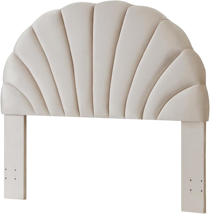 24KF Stunning Crown Design Queen Headboard, Upholstered Soft Velvet Petal Pattern Headboard Queen/Full-Beige