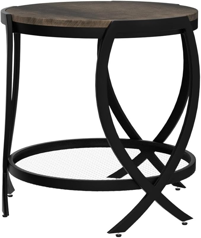 ASYA Industrial Round End Table with Storage Shelf, 2-Tier Side Table for Living Room, Adjustable Feet & lmitation Wood Grain Surface, Rustic Brown