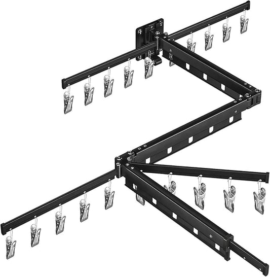BESy Tri-Fold Foldable Clothes Drying Rack Retractable Hanging Collapsible Dryer Hanger Racks for Laundry Balcony Bathroom Space Saver Outdoor Indoor 20 Clips Aluminum Alloy Wall Mounted Matte Black