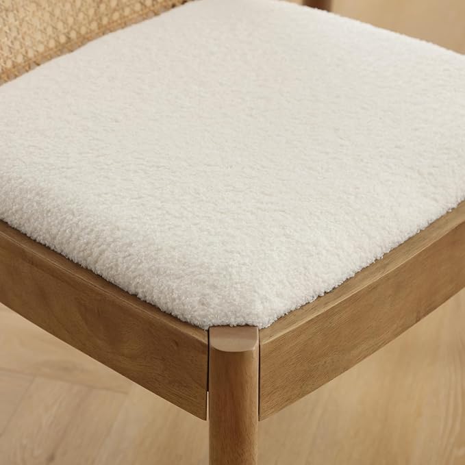 Mid Century Dining Chairs Set of 2, Accent Rattan Side Chairs Sherpa Fabric Kitchen Chair with Solid Wooden Legs for Living Room Dining Room, White