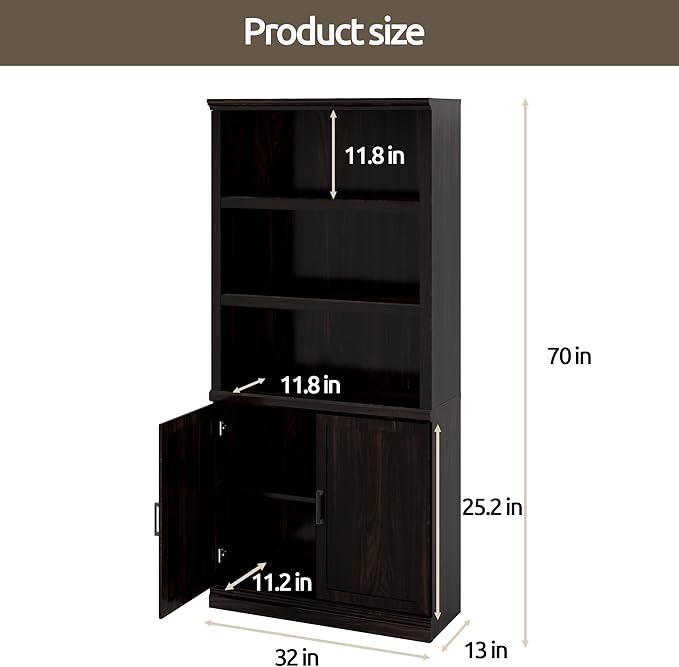 70 Inch Tall Bookcase with Doors, Library Office Bookshelf with Adjustable Shelves, Floor Standing Storage Cabinet for Bedroom Living Room Organizer with Anti Tipping Kit, Dark Cherry Finish
