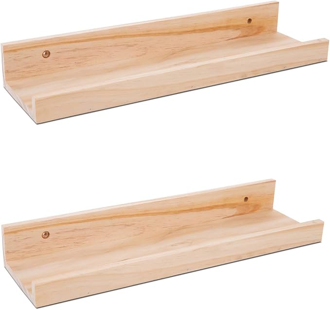 AZSKY Picture Ledge Shelf, Small Floating Shelves Set of 2, 16 Inches Nursery Book Shelves for Toys Storage, Kids Bookshelf Wall Mounted for Living Room Bedroom Decor Books Photo Frames,Natural