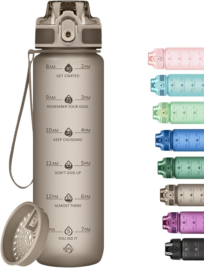 32oz Motivational Water Bottles with Time Marker & Fruit Strainer, Transparent Gradient Color Water Bottle with Times to Drink, Leakproof & BPA Free, Reusable Bottle with Strap (No Straw)