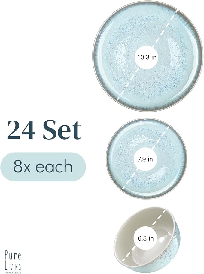 24 Piece Dinnerware Sets for 8 - Modern Style Stoneware Dinnerware Set - Microwave Safe Dinner Plates and Bowls Sets for 8, Ceramic Dish Set, Bowl and Plate Sets for 8, Beige Light Blue Set for 8…