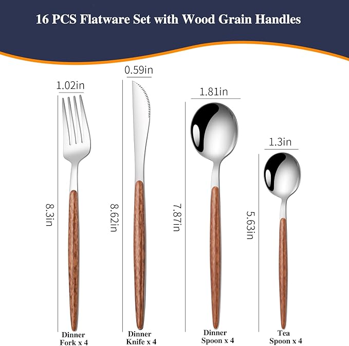 16 PCS Silverware Set for 4,Stainless Steel Flatware Cutlery Eating Utensils Set with Wood Grain Handle,Steak Knives Forks and Spoons for Home,Party,Mirror Polished and Dishwasher Safe