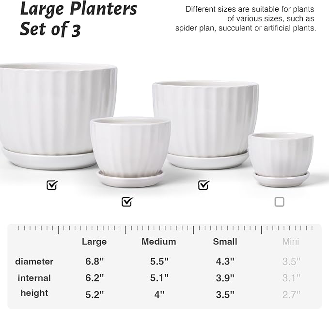 4/5/6 Inches Ceramic Plant Pots with Drainage Holes and Saucers, Round Flower Pots for Indoor Plant, Modern Flower Planters Set of 3 (White-Big Size)