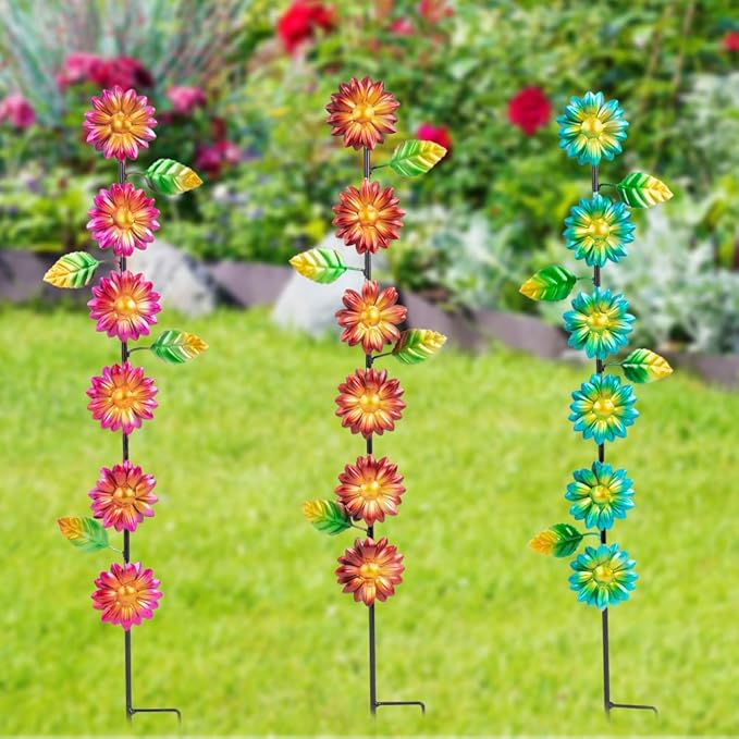 3Pack Flowers Decorative Garden Stakes,Spring Outdoor Metal Flowers Decorations,Metal Yard Art for Outside Patio Porch Decor（22.6 * 5.1IN）