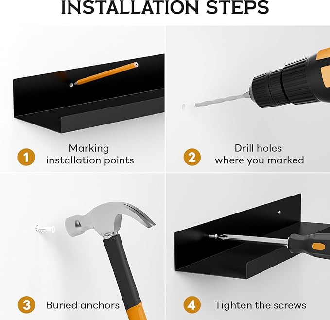 4 Pack Floating Shelves for Wall Storage, Metal Black Hanging Shelves for Living Room/Kitchen/Bedroom/Bathroom Decor, Set of 4 Organizer for Display, Perfume & Book Shelf Wall Mounted