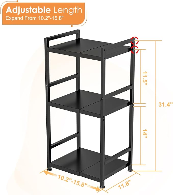 3-Tier Expandable Storage Shelves, 110LBS Heavy Duty Metal Shelving Unit, Adjustable Laundry Room Organization and Storage Shelf Rack,Ideal Narrow Bathroom Kitchen Laundry Room Organizer,Free-Standing