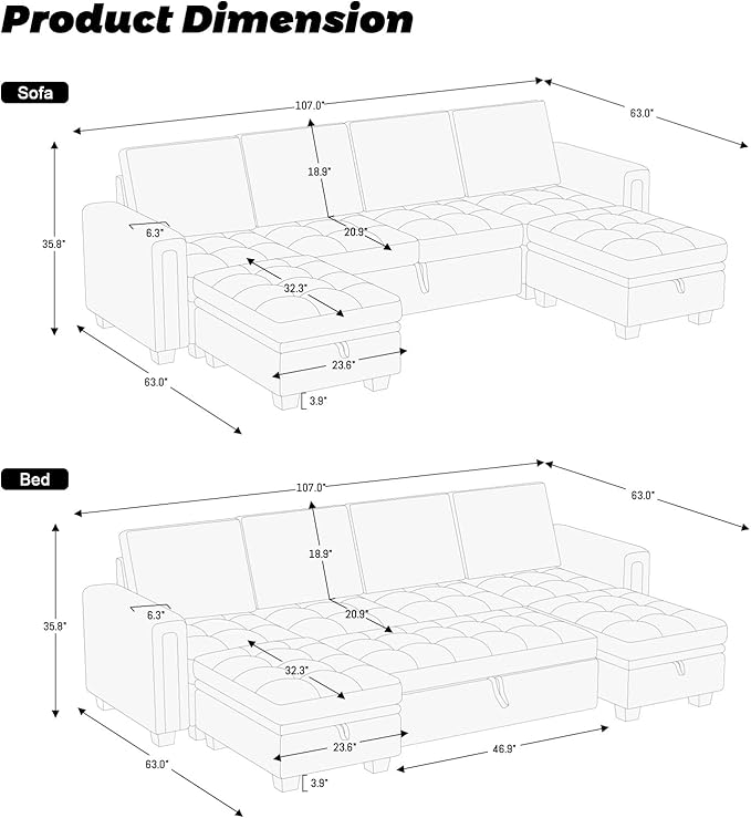 Belffin Modular Sectional Sleeper Sofa with Pull Out Bed Velvet Convertible U Shaped Sectional Sofa Couch with Storage Chaises for Living Room Grey