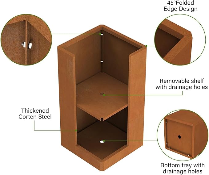 Modern Cor Ten Steel Planter – 28” Tall Planters with Removable Insert Shelf | Heavy-Duty Rust-Resistant Metal Planter Box for Patio, Porch & Garden (14x14x28in)