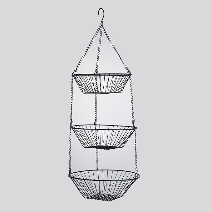 3-Tier Wire Fruit Hanging Basket 2 Packs,non-Punching Wall Hanging Storage,Kitchen Bathroom Organization Basket,Suitable for Bathroom,Kitchen,Closet,Garden,Black