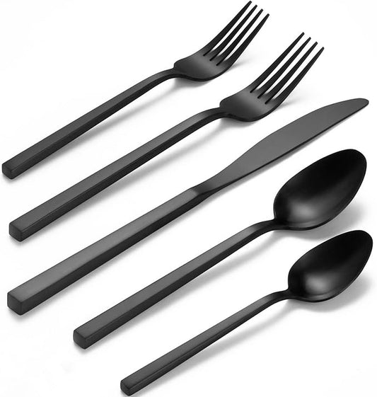 Alata Cube 45-Piece Forged Stainless Steel Flatware Set Cutlery Set with Utensil-Serving Set, Silverware Set Service for 8, Matte Satin Polished, Dishwasher Safe