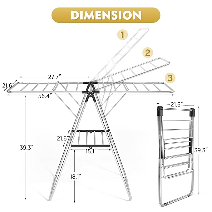 APEXCHASER Clothes Drying Rack, Drying Rack Clothing with Height-Adjustable, Foldable Gullwings Laundry Rack, Indoor Outdoor Use, No Assembly,Black