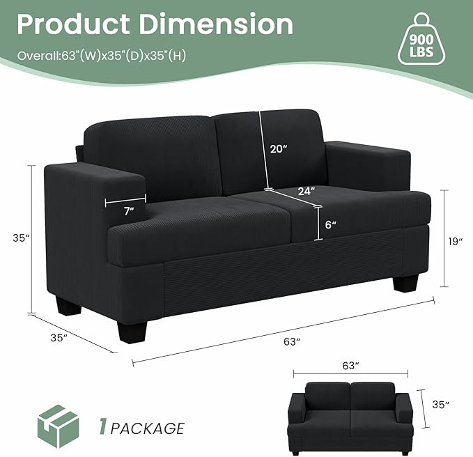 3 Pieces Corduroy Couch Set for Living Room, 8 Seats Cloud Sofa, Deep Seat Floor Couch for Bedroom, Futon Modern Sofa Sectional Bed, Black Corduroy