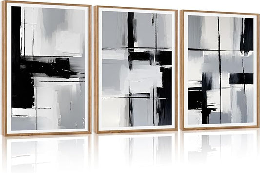 HPNIUB Modern Abstract Geometric Wall Art, Black & White Canvas Neutral Prints, Minimalist Bohemian Mid-Century Wall Art for Hallway, Office Wall Decor- 16"x24"x3