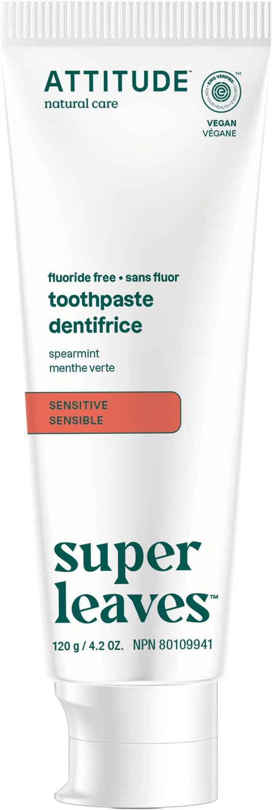 ATTITUDE Fluoride-Free Sensitive Toothpaste, Spearmint Flavor, Vegan & Cruelty-Free, Sugar-Free, Plant & Mineral-Based Ingredients, Clean Oral Care, 4.2 Oz