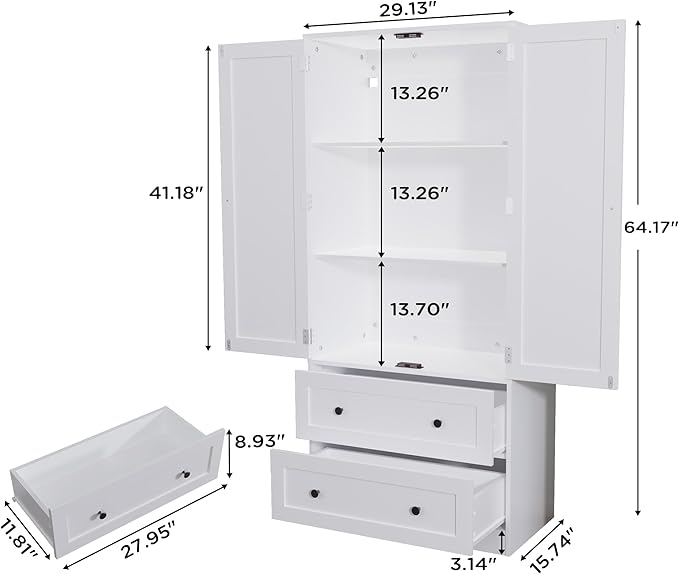 64.2" Tall White Kitchen Pantry, Storage Cabinet with Doors and Drawers, Freestanding Wooden Organizer for Kitchen, Dining Room