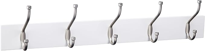 Amazon Basics Rectangular Farmhouse Wall-Mounted Coat Rack with Storage Hooks, 5 Hooks, White
