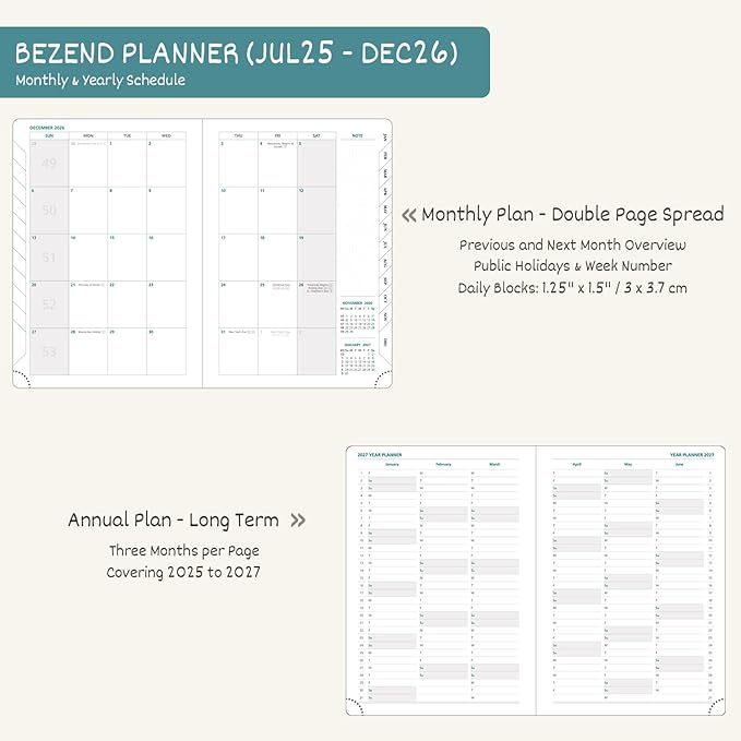 BEZEND Planner 2025-2026 Weekly and Monthly, 5.8" x 8.5" Academic Calendar (Jul 25-Dec 26) Vertical Daily Appointment with Hourly Timeslot & Monthly Tab, PU Leather Hardcover - Mint Green