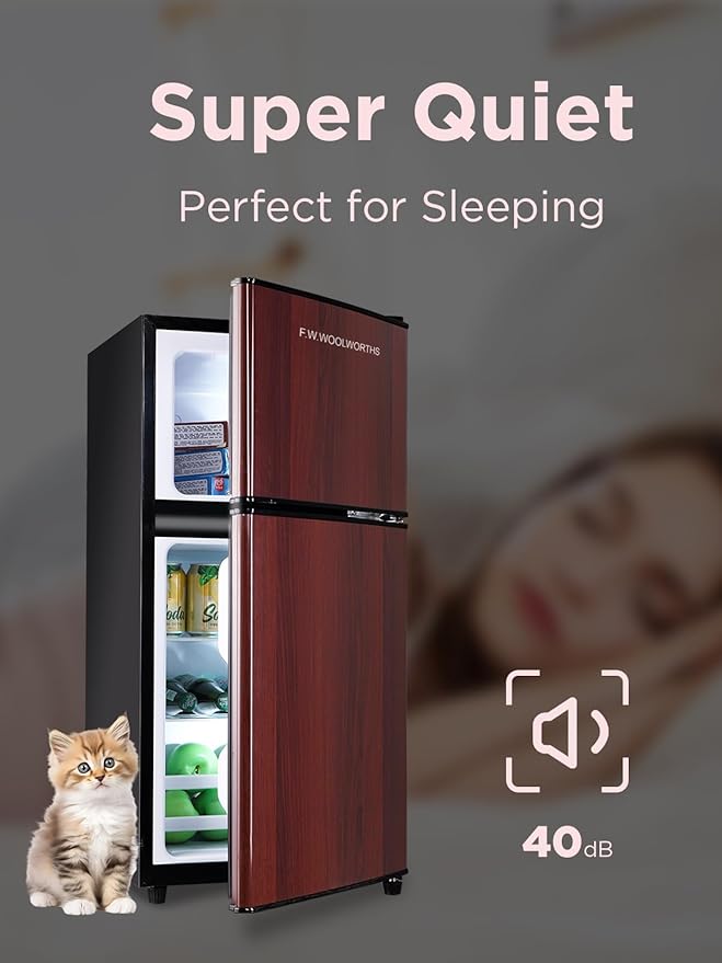 3.5 Cu.Ft Mini Fridge with Freezer, Compact Refrigerator with 2 Doors for Office, Kitchen, Dorm and Bedroom, Small Fridge with 7 Level Temp Adjustable Thermostat, Wood