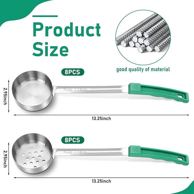 16 Pcs Portion Control Serving Spoons, Restaurant Measuring Serving Ladle Utensils, Portion Control Slotted Scoops for Weight Loss, Solid and Perforated Scoops(Green,4 oz)