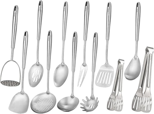18/10 Stainless Steel Kitchen Utensils Set - 12 PCS All Metal Cooking Tools & 15″ Serving Utensils - Potato Masher, Meat Fork, Tongs, Turner, Pasta, Serving Spoon, Skimmer, Ladle, Spatula Spoon Set