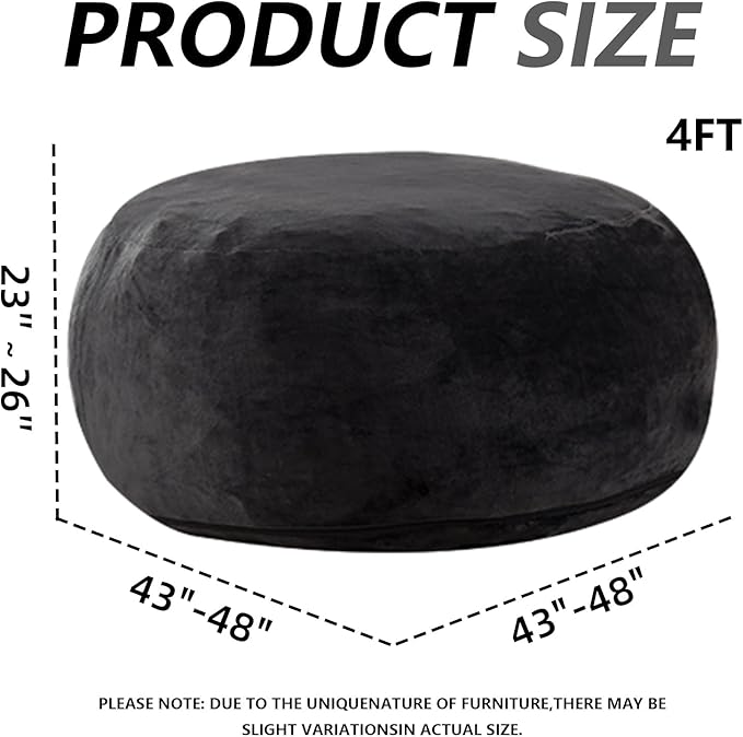 4FT Large Bean Bag Chairs,Big Adult Size Memory Foam Beanbags with Filler Included,Machine Washable Corduroy Cover,Ultra Soft Plush Gaming Bing Bag Puff Chair for Dorm, Living Room & Bedroom (Black)