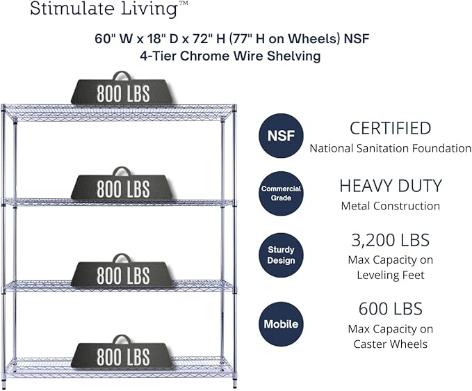 60"x18"x72" Prime Heavy Duty Chrome 4-Tier Wire Shelving NSF 3200 LBS MAX Capacity Storage Rack for Commercial, Hospital, School, Garage, and Kitchen Uses (with Wheels)