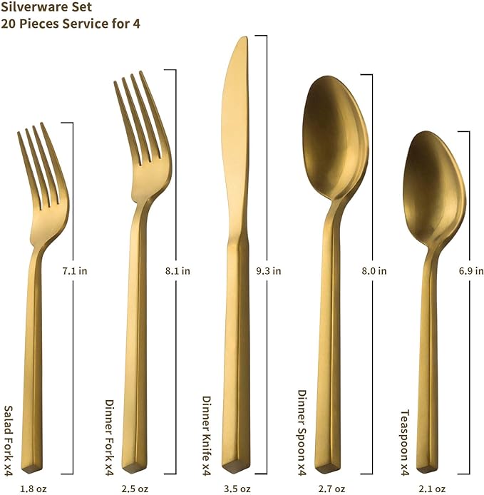 Alata Cube Gold 20-Piece Flatware Set, Forged Cutlery Set, Matte Gold Silverware Service for 4, Stainless Steel Tableware with Square Handle for Home/Restaurant, Dishwasher Safe