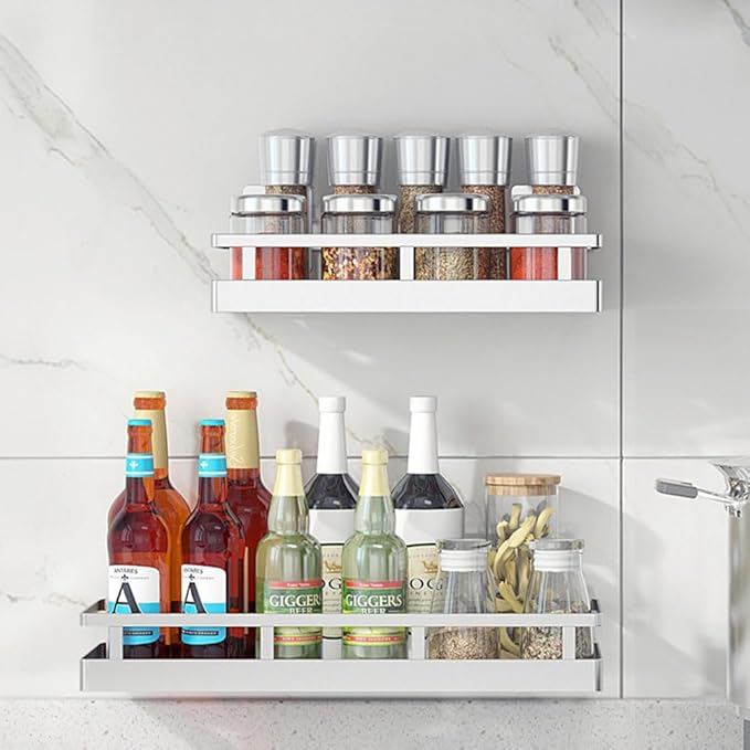 19.69Inch Spice Rack Organizer, SUS304 Stainless Steel Wall Mount Spice Rack Storage Basket, Kitchen Racks, Nail-Free Installation