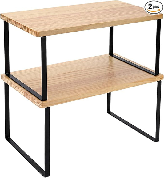 Bamber Large Cabinet Shelf Organizers Solid Wood Spice Rack Organizer for Cabinet Kitchen Countertop Storage, 16.5x10 Inches, Set of 2