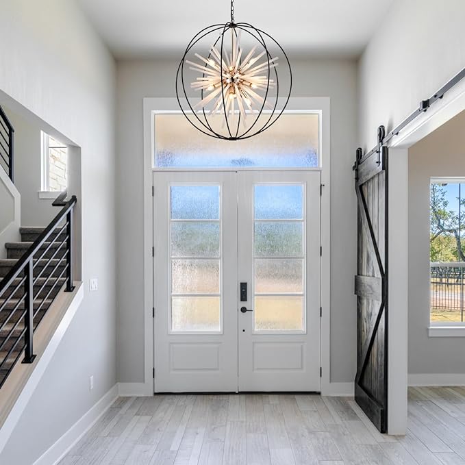 31.5" Black Gold 16-Light Globe Sputnik Chandelier Modern Industrial Adjustable Hanging Ceiling Pendant Light Fixture for Entryway Foyer Stairway Dining Living Room Hallway