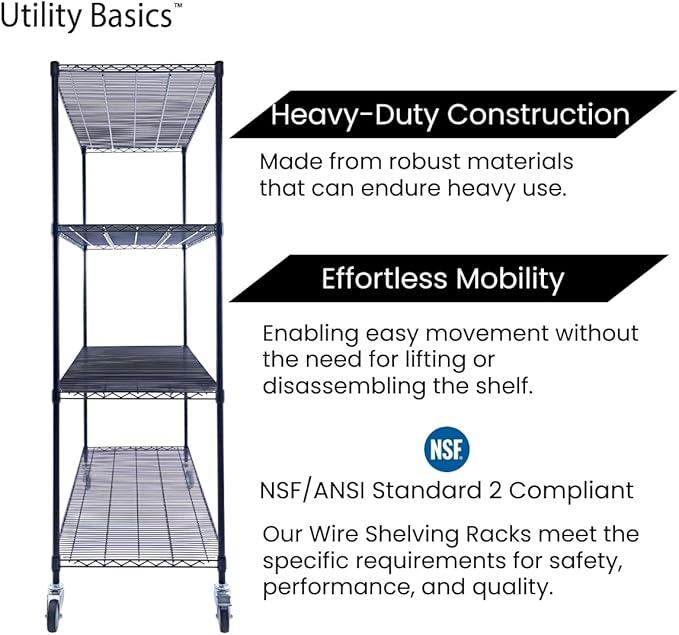 60"x24"x72" Premium Metal Steel 4-Tier Wire Shelving NSF 3200 LBS MAX Capacity Heavy Duty Storage Rack for Hospitals, Schools, Commercial Spaces, and Garages w/Premium Wheels