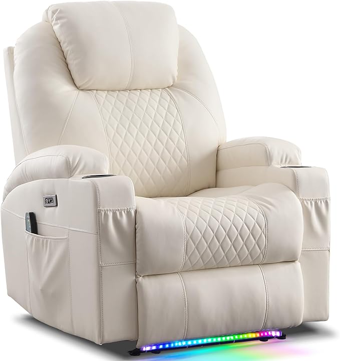 AHMED Power Recliner Chair with Vibration Massage & Heat for Adults, Faux Leather Home Theater Seating with Cup Holders/LED Lights/USB Ports/Side Pockets for Living Room, Beige