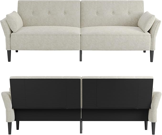 89” Futon Sofa Bed, Comfy Futon Couch Bed with 2 Square Pillows, Convertible Sleeper Sofa with Adjustable Backrest& Armrests, Modern Loveseat Sleeper for Living Room, Bedroom, White