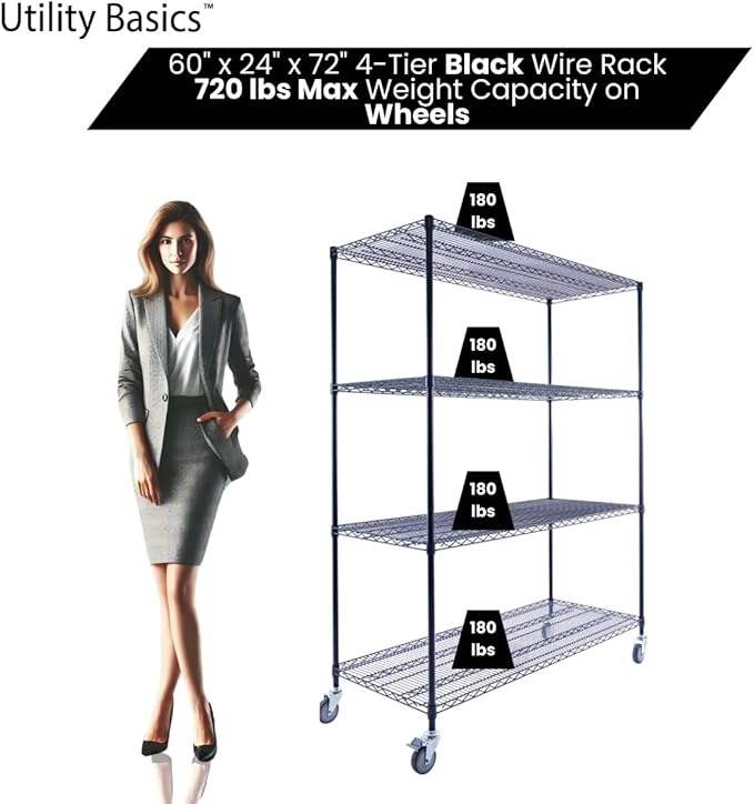 60"x24"x72" Premium Metal Steel 4-Tier Wire Shelving NSF 3200 LBS MAX Capacity Heavy Duty Storage Rack for Hospitals, Schools, Commercial Spaces, and Garages w/Premium Wheels