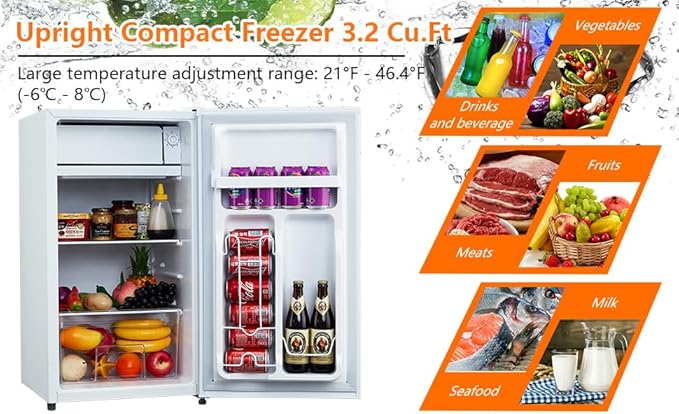 3.2 Cu.Ft Mini Fridge with Freezer, Small Refrigerator with Single Door and Adjustable Thermostat, Shelf, Energy Efficient, Compact Fridge for Bedroom, Office，white