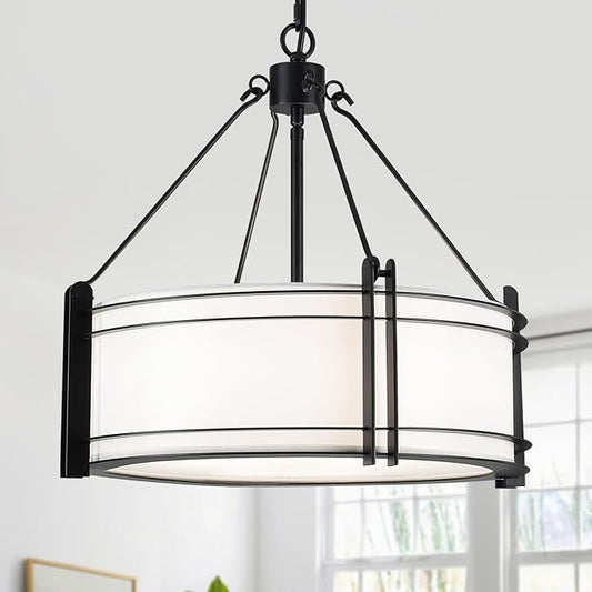 16.3''Black Drum Chandelier 3-Light Modern Farmhouse Chandelier with White Fabric Shade Adjustable Drum Pendant Light Fixture for Dining Room Kitchen Island Hallway Living Bedroom