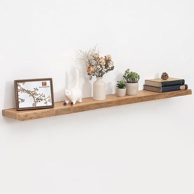 55 Inch Floating Shelves, Rustic Live Edge Elm Wood Shelves for Wall, Heavy-Duty Long Floating Shelf with Invisible Bracket, Wall Mounted Storage Shelves for Books, Bathroom, Kitchen, Natural Finish