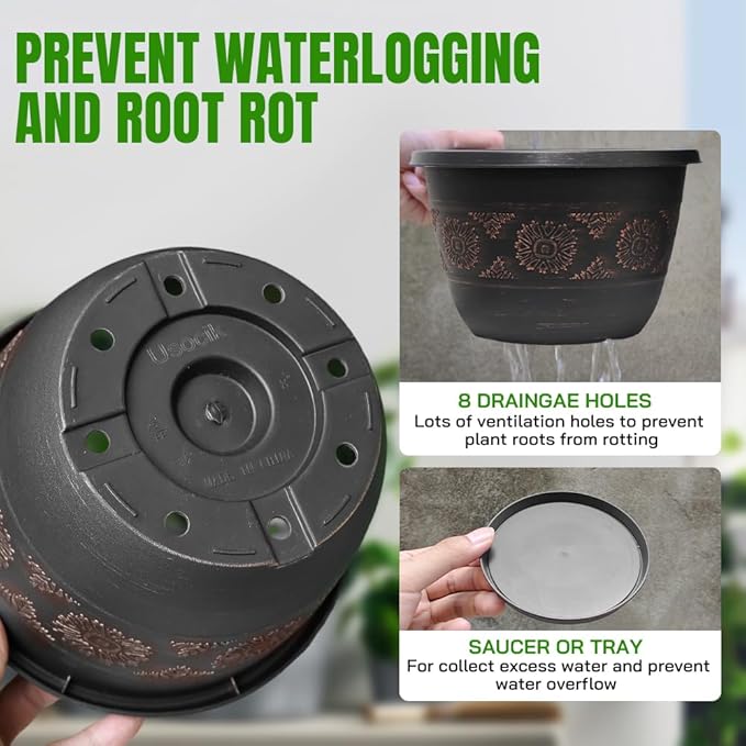 4 Pack 16 inch Plant Pots, Retro Pattern Planters with Drainage Holes and Saucer, Sturdy Plastic Garden Flower Pots for Indoor & Outdoor Plants