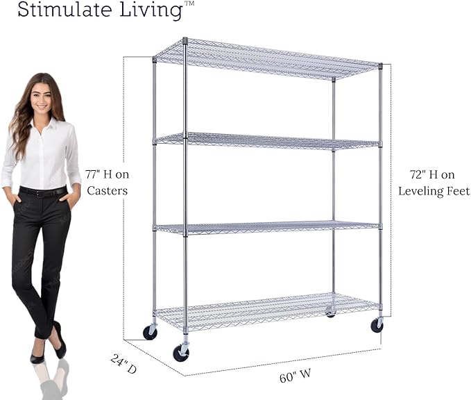 60"x24"x72" PRIME HEAVY DUTY Chrome 4-Tier Wire Shelving NSF 2400 LBS MAX Capacity Storage Rack for Commercial, School, Home, Garage, Warehouse, Industrial, and Hospital Uses (with Wheels)
