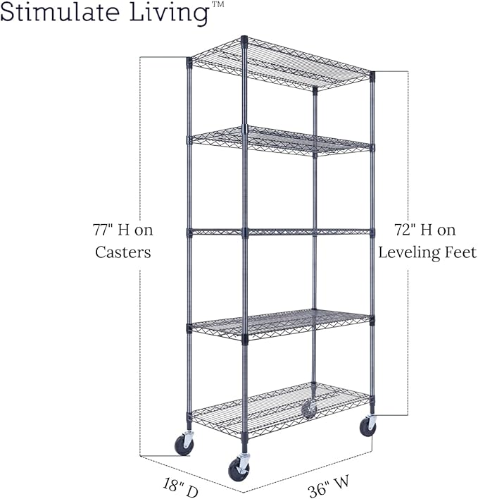 36"x18"x72" Prime Heavy Duty Black 5-Tier Wire Shelving NSF 4000 LBS MAX Capacity Storage Rack for Commercial, Hospital, School, Garage, and Kitchen Uses (with Wheels)