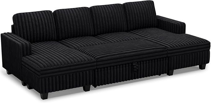 Belffin Modular Sectional Sleeper Sofa with Pull Out Couch Bed Corduroy Double Chaise with Storage Black Couch