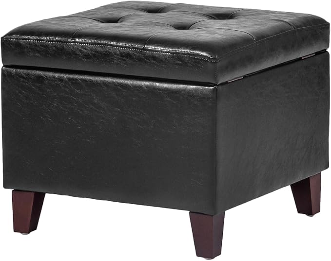 Adeco Storage Ottoman Foot Rest Stool, Leather Ottoman Footstool with Solid Wood Legs and Hinged Lid, 17.7" Small Foot Stool for Living Room, Bedroom