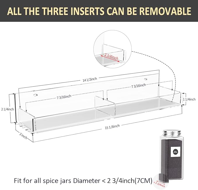 Acrylic Spice Rack Wall Mount, Hanging Spice Shelf Racks for Seasonings, Kitchen Spice Jars Wall Organizer Storage Holder, 2 Pack