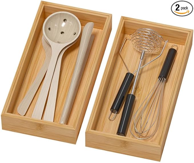 Bamboo Drawer Organizer - Silverware & Utensil Organizer, Stackable, 2 Pcs, Wooden Storage Box Tray (Bamboo, 12 X 6 X 2 Inch)
